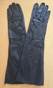 Vintage Black Kid Leather 15" Long Gloves Sz 7/8 France - Picture 1 of 12