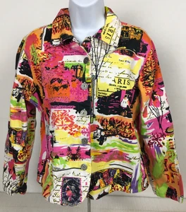 Karen Hart Button Down Top or Jacket Women Size M Pink Yellow Paris Long Sleeves - Picture 1 of 12