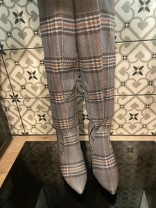 JUSTFAB Vyvyan Thigh High Boots Heels Size 7.5 Blue Checked New Lace Tie Up - Picture 1 of 8