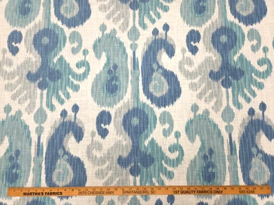 P Kaufmann SALMA BLUE MOON Indigo Teal Designer Ikat Print Drapery Uph Fabric - Image 1 of 4