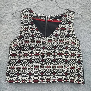 Ark & Co Cropped Blouse Vest Top Sz M Lined Back Zip Black White Red Geometric - Picture 1 of 19