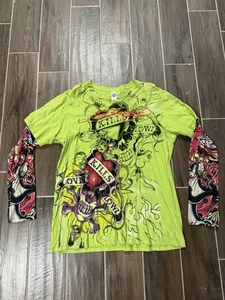 Vintage Ed Hardy Christian Audigier Green AOP Long Sleeve Green T-Shirt Y2K Sz L - Picture 1 of 6