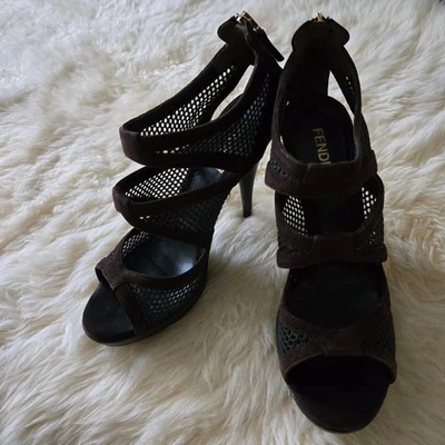 Fendi Sandalo Camoscio Rete Nylon Suede Mesh Heels Brown SZ 36.5 (6.5) - Image 1 of 4