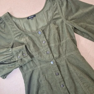 Madewell Corduroy Seamed Long-Sleeve Mini Dress Womens 4 Kale Green Puff Sleeve - Picture 1 of 8
