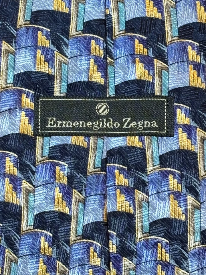 ERMENEGILDO ZEGNA Men's 100% Silk Necktie ITALY Luxury Geometric Blue/Gold 40” - Image 1 of 4