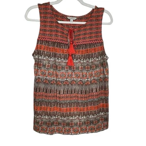 Lucky Brand Boho Top M Sleeveless V-Neck Cord Western Southwestern Tribal Orange - Picture 1 of 10