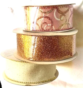 Christmas Rose Gold Wired Ribbon Bundle 3 yards of each 9 total yard 1.5" Winter - Picture 1 of 6