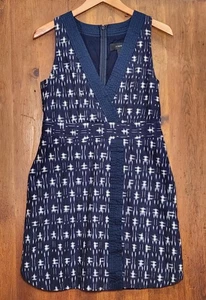 J Crew Dress Womens 4 Blue Ikat Sleeveless V Neck Lined Cotton Linen Coastal - Picture 1 of 20