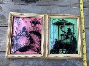 PAIR VTG CONVEX GLASS BLACK SILHOUETTE VICTORIAN LADY - Picture 1 of 4
