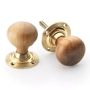 7 Pairs Teak Polished Brass Wooden Wood Bun Rim Mortice Door Knobs Knob Set New - Picture 1 of 4