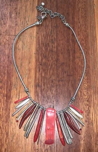 CHICO'S Necklace Bib Red Dark Pink Enamel Silver Tone Spikes Edgy Style - Picture 1 of 6