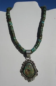 Vintage Native American Navajo green turquoise heishi necklace & large pendant - Picture 1 of 4