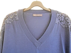 “M&S” LADIES LOVELY FINE-KNIT NAVY BLUE JUMPER WITH LACE TRIM - SIZE L - Picture 1 of 9
