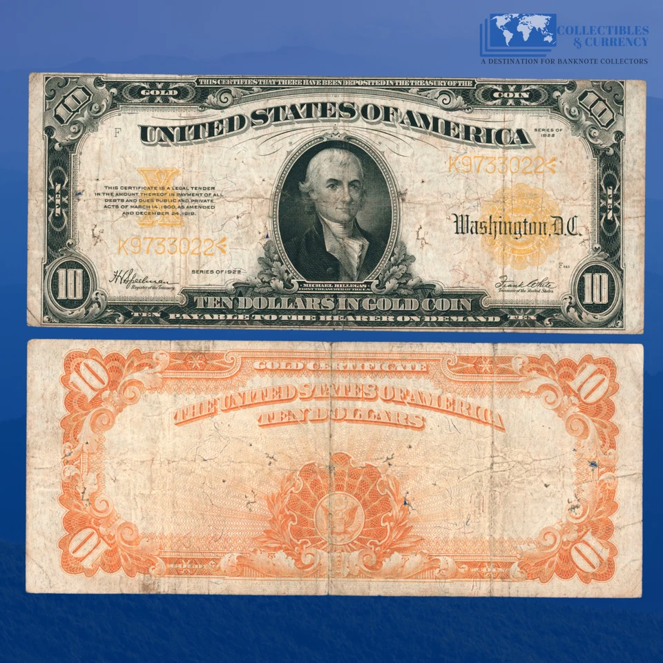 1922 $10 TEN Dollars RARE Gold Certificate Gold Seal, FINE CONDITION #33022 - Image 1 of 1