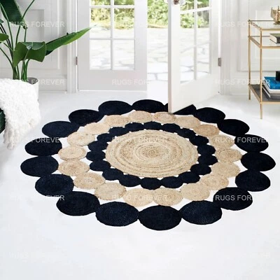 Hand Braided Scalloped Jute Area Rug Living Room Round Black Kilim Mat 5x5 6x6ft - Image 1 of 4