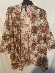 Women’s Ashley Blue Duster Size Large Beige with pink flowers - Picture 1 of 4