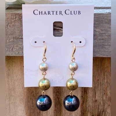 NWT CHARTER CLUB GOLD TONE NAVY, SAGE & GRAY BEAD POST DROP EARRINGS Foto 1 de 4