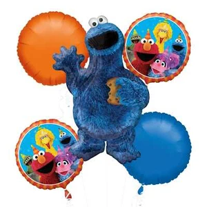 Sesame Street Cookie Monster Helium Foil Balloon Bouquet 5 Balloons - Picture 1 of 1