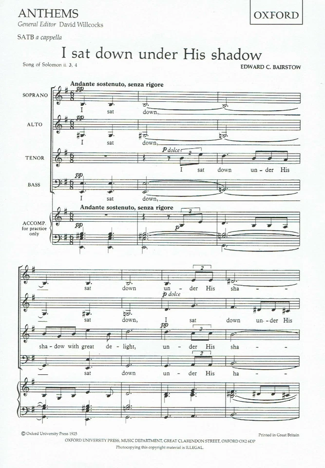 I sat down under His shadow, by Edward C. Bairstow (Choral leaflet) - Image 1 of 1