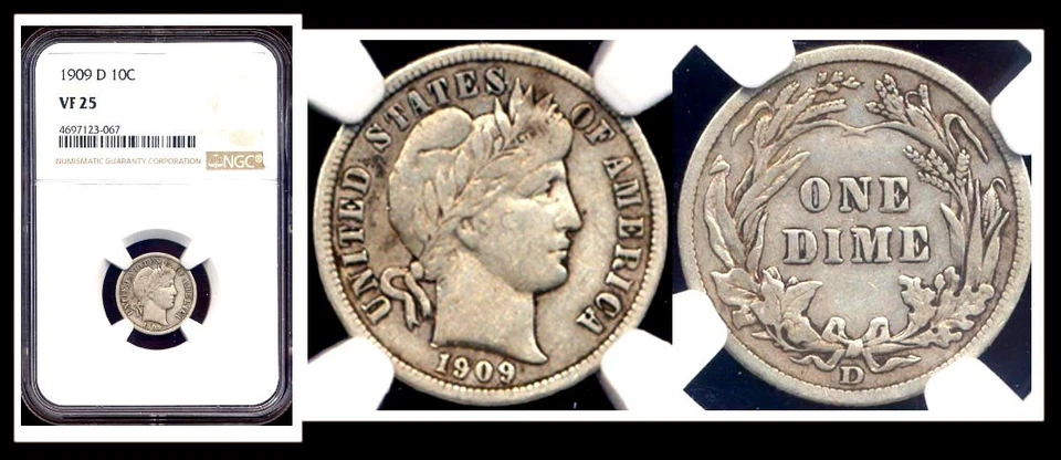 1909-D 10C NGC VF25- BARBER DIME - Image 1 of 1