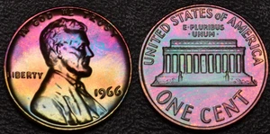 1966-P SMS Lincoln 1 One Cent Rainbow Toning (L40-16) - Picture 1 of 3