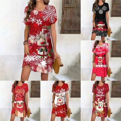 Women's Christmas Swing Skater Dress Santa Xmas Party Fancy Short Sleeve Dress - image 1 of 4