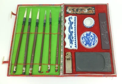 Vintage Chinese Calligraphy set in Original Red Box - 6 Brushes & 7 Pieces - Image 1 of 4