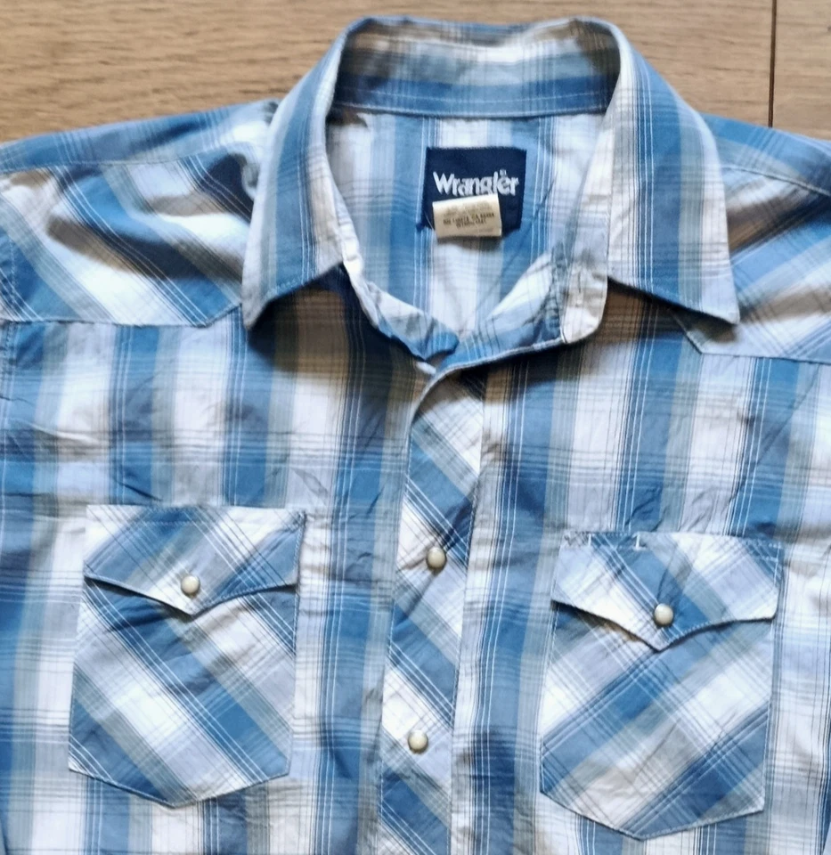 Mens Wrangler Blue/White Checked Western Long Sleeve Shirt - Size L (UK XL) - Image 1 of 4