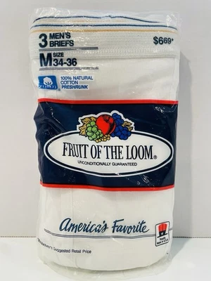 3-Pk Vintage 1989 Fruit Of The Loom Men’s 100% Cotton Briefs, Size Medium 34-36 - Image 1 of 4