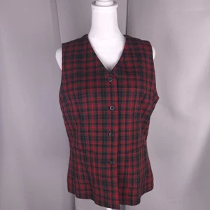 Vintage Eddie Bauer Vest Womens Small Red Plaid Wool Button Waistcoat Holiday - Picture 1 of 15