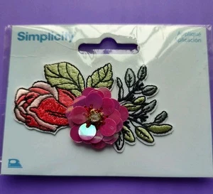 Simplicity Rose Sequin Gem Flower & Leaf Stem Design Embroidered Iron-on Patch - Picture 1 of 3