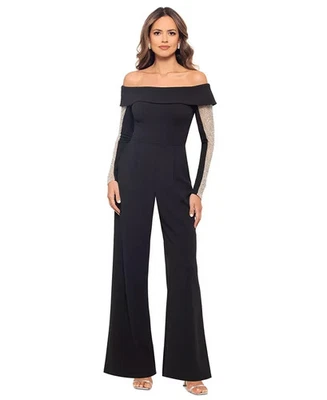 XSCAPE Embellished Off-The-Shoulder Jumpsuit Women's 6 Black/Nude Back Zip L/S - Image 1 of 4