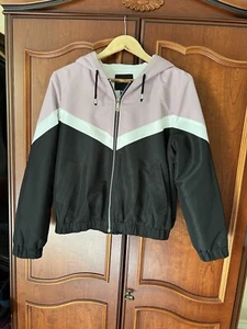 New Look Women's Black White Pink Chevron Hooded Fleece Lined Jacket UK Medium - Picture 1 of 14
