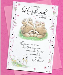 Husband Anniversary Card Cute Bears Nice Words Message Love 9"x6" - Picture 1 of 11