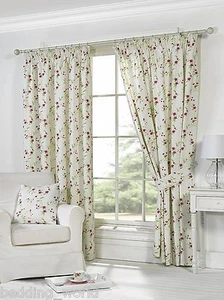 PIPPA NATURAL CURTAINS FLORAL CREAM PINK CERISE GREEN LEAVES OFF WHITE PLEATS - Picture 1 of 1
