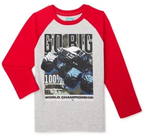 Boys Sz 6 Long Sleeve Raglan T-Shirt “Go Big” Monster Truck Graphics Red/Gray - Picture 1 of 4