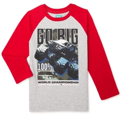 Camiseta Raglán Manga Larga Niños Talla 6 “Go Big” Monster Truck Gráficos Rojo/Gris Foto 1 de 4
