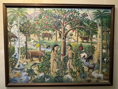 Rare Wilson Bigaud "Garden of Eden" 36x50 Original Haitian Art Painting Signed - Image 1 of 4