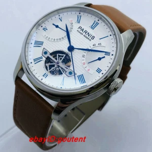 43mm PARNIS White dial Leather strap flywheel Power Reserve Automatic Mens Watch - Picture 1 of 6