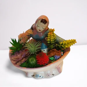 Vintage Kim Ward Hollywood Pottery Basket Planter Fake Succulents 10" Tall - Picture 1 of 5