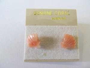 HAWIAIIAN SEASHELL CARVED ANGEL SKIN CORAL w/SILVER BASE STUD PIERCED EARRINGS - Picture 1 of 6