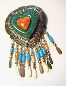Older Sterling Silver Heart Quoc QT Q.T. Spiny Oyster & Turquoise Pin Brooch - Picture 1 of 5