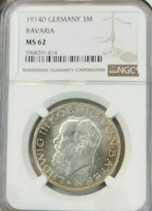 1914 GERMANY SILVER 3 MARK BAVARIA LUDWIG III NGC MS 62 GREAT LOOKING COIN - Picture 1 of 4