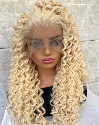 Long Soft Curly Blonde 613 Lace Front Human Hair Blend Heat Ok Wig Women Natural - Image 1 of 4
