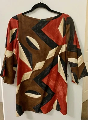 Vestido túnica top Lauren Ralph Lauren 100 % seda naranja quemado óxido marrón negro XS Foto 1 de 4