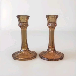 Pair (2) Vtg Amber Glass Candle Sticks 6 Inch - Picture 1 of 9