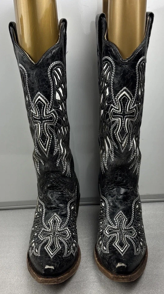 Corral Black/white Distressed Leather Pointed Toe Cowgirl Boots Womens Size 6.5M - Image 1 of 4