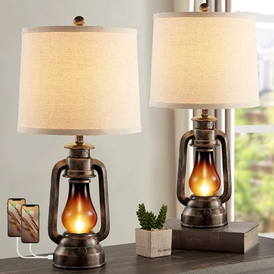 Farmhouse Rustic Table Lamps for Bedroom Set of 2, Vintage Lantern Lamp with ... - Image 1 of 4