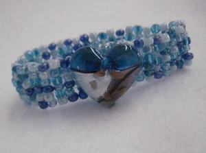 Upcycled Acrylic Heart Cuff Bracelet Blue Tones 1 1/4 "x 6.5" Stretch Band - Picture 1 of 4