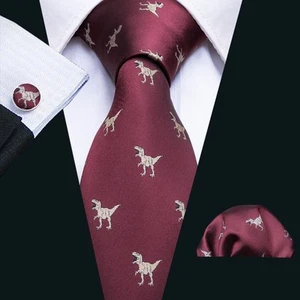 Cravatta uomo rosso bordeaux dinasauro cravatta fazzoletto set gemelli matrimonio ufficio - Foto 1 di 3